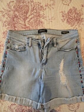 Buffalo David Bitton Light Blue Distressed Denim Shorts with Embroidered Trim